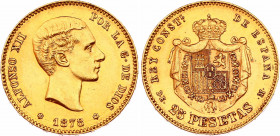 Spain 25 Pesetas 1878 DEM
KM# 673; Cal# 4; N# 14830; Gold (.900) 8.06 g.; Alfonso XII; Mint: Madrid; UNC