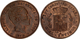 Spain 10 Centimos 1878 OM
KM# 675; Barcelona 8 pointed star; Alfonso XII; XF
