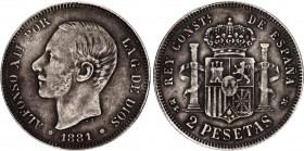 Spain 2 Pesetas 1881 MSM
KM# 678.2; Silver; Alfonso XII; Mint: Madrid; VF Toned