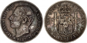 Spain 2 Pesetas 1882 MSM
KM# 678.2; Silver; Alfonso XII; Mint: Madrid; XF- Toned