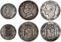 Spain 50 Centimos & 2 x 1 Peseta 1883 - 1904
Various Dates & Denominations; Silver; Mint: Madrid; VF-XF Toned
