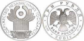 Russian Federation 3 Roubles 2001 СПМД
Y# 737; N# 71828; Silver; The 10th Anniversary of the Commonwealth of Independent States; Mintage 7500; UNC Pr...