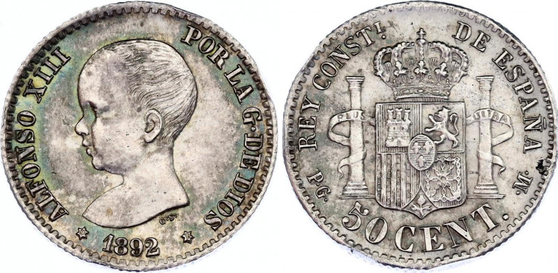 Spain 50 Centimos 1892 PGM
KM# 690, Cal# 54; N# 18485; Silver; Alfonso XIII; Mi...