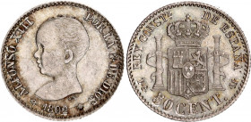 Spain 50 Centimos 1892 (92)
KM# 690; Silver; Alfonso XIII; UNC with mint luster