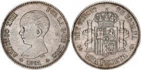 Spain 1 Peseta 1891 (91) PGM
KM# 691; Silver; Alfonso XIII; XF