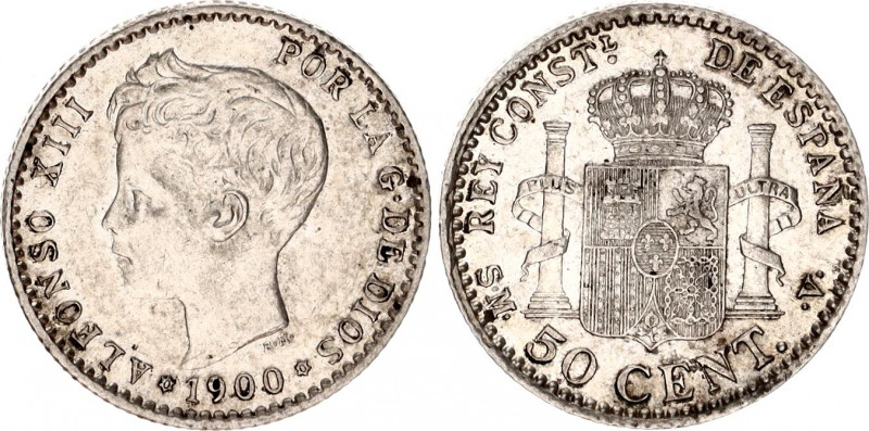 Spain 50 Centimos 1900 (00) SM V
KM# 705; Silver; Alonso XIII; XF