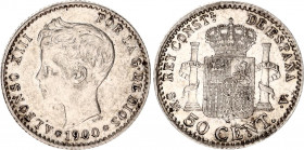 Spain 50 Centimos 1900 (00) SM V
KM# 705; Silver; Alonso XIII; XF