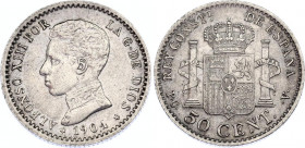 Spain 50 Centimos 1904
KM# 723; Alfonso XIII (1886-1931); Silver, AUNC.