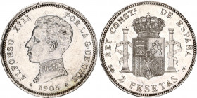 Spain 2 Pesetas 1905 (05) SMV
KM# 725; Silver; Alfonso XIII; AUNC with minor hairlines