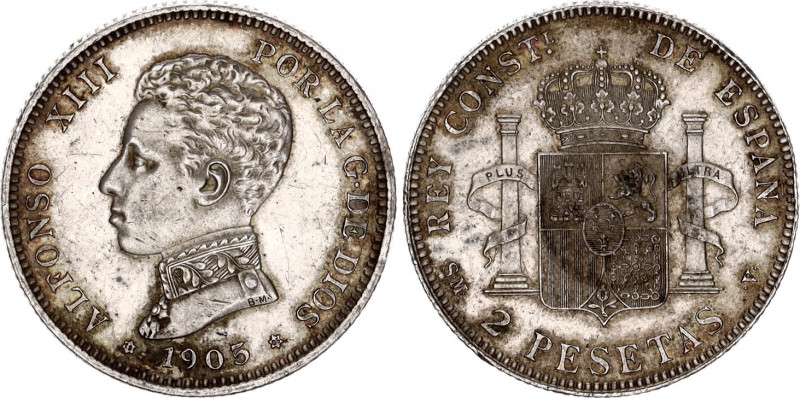 Spain 2 Pesetas 1905 SMV
KM# 725; Silver; Alfonso XIII; Mint: Madrid; AUNC Tone...