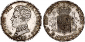 Spain 2 Pesetas 1905 SMV
KM# 725; Silver; Alfonso XIII; Mint: Madrid; AUNC Toned