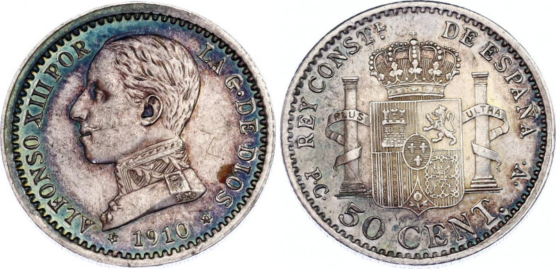 Spain 50 Centimos 1910 PCV
KM# 730, Cal# 63; N# 14676; Silver; Alfonso XIII; Mi...