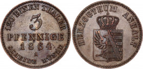 German States Anhalt 3 Pfennige 1864 A
KM# 98, AKS# 33; N# 28253; Copper; Alexander Karl; AUNC