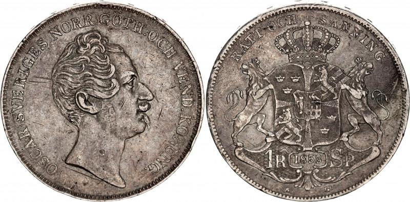 Sweden 1 Riksdaler Specie 1855 AG
KM# 667; Silver; Oscar I; XF