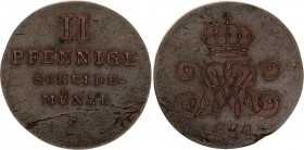 German States Hannover 2 Pfennig 1834 C Flan Defect Error
KM# 147.1; AKS# 76; J. 31; Copper; William IV; UNC, luster remains