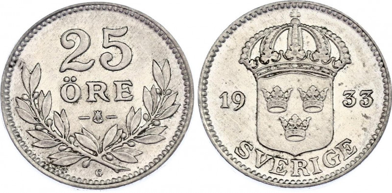 Sweden 25 Ore 1933 G
KM# 785, Schön# 24; N# 1505; Silver; Gustaf V; XF