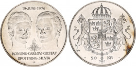 Sweden 50 Kronor 1976
KM# 854; Silver; Wedding of King Carl XVI Gustaf and Queen Silvia; UNC
