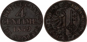 Switzerland Geneva 4 Centimes 1839
KM# 127; N# 19776; Billon; XF-AUNC Toned