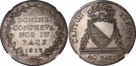 Switzerland Zurich 40 Batzen 1813 B NGC MS 63
KM# 189, Dav# 366; Silver, UNC, pleasant dark patina, mint luster.