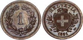 Switzerland 1 Rappen 1851 A
KM# 3, HMZ 2# 1215, Divo/Tob19# 326, Schön# 15, Y# 18; N# 161; Bronze; Luster; AUNC