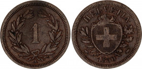 Switzerland 1 Rappen 1851 A
KM# 3.1; Schön# 15; N# 161; Bronze; Mint: Paris; VF-XF Toned