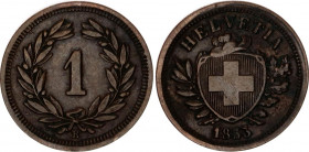 Switzerland 1 Rappen 1853 B
KM# 3.1; Schön# 15; N# 161; Bronze; Mint: Bern; XF Toned