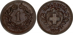 Switzerland 1 Rappen 1868 B
KM# 3.1; Schön# 15; N# 161; Bronze; Mint: Bern; AUNC Toned
