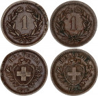 Switzerland 2 x 1 Rappen 1872 - 1899 B
KM# 3.1; Schön# 15; N# 161; Bronze; Mint: Bern; VF-XF Toned