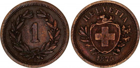 Switzerland 1 Rappen 1875 B
KM# 3.1; Schön# 15; N# 161; Bronze; Mint: Bern; AUNC Toned