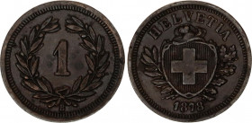 Switzerland 1 Rappen 1878 B
KM# 3.1; Schön# 15; N# 161; Bronze; Mint: Bern; XF-AUNC Toned