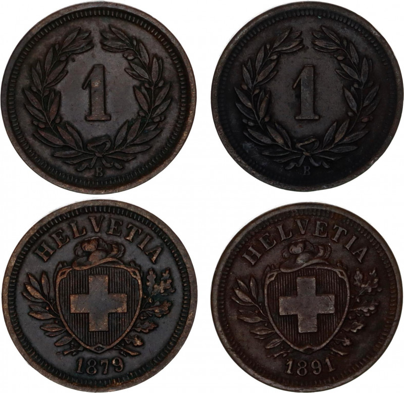 Switzerland 2 x 1 Rappen 1879 - 1891 B
KM# 3.1; Schön# 15; N# 161; Bronze; Mint...