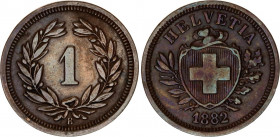 Switzerland 1 Rappen 1882 B
KM# 3.1; Schön# 15; N# 161; Bronze; Mint: Bern; XF-AUNC Toned
