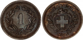 Switzerland 1 Rappen 1884 B
KM# 3.1; Schön# 15; N# 161; Bronze; Mint: Bern; AUNC- Toned