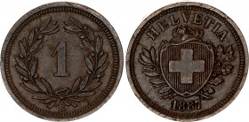 Switzerland 1 Rappen 1889 B
KM# 3.1; Schön# 15; N# 161; Bronze; Mint: Bern; AUNC Toned