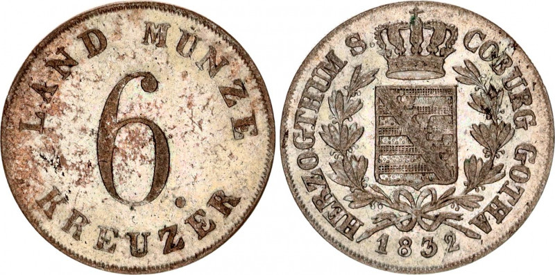 German States Saxe-Coburg-Gotha 6 Kreuzer 1832
KM# 41; AKS# 82; Silver; Ernest ...