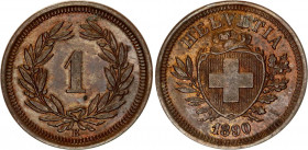 Switzerland 1 Rappen 1890 B
KM# 3.1; Schön# 15; N# 161; Bronze; Mint: Bern; AUNC Toned