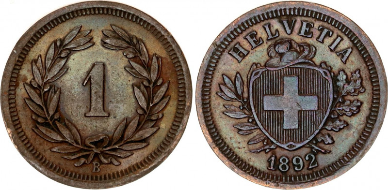 Switzerland 1 Rappen 1892 B
KM# 3.1; Schön# 15; N# 161; Bronze; Mint: Bern; AUN...