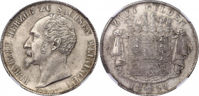 German States Saxe-Meiningen 2 Gulden 1854 NGC MS 63
KM# 166; Bernhard II. Munich mint. Silver, UNC.