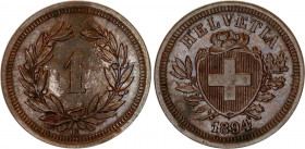 Switzerland 1 Rappen 1894 B
KM# 3.1; Schön# 15; N# 161; Bronze; Mint: Bern; AUNC Toned
