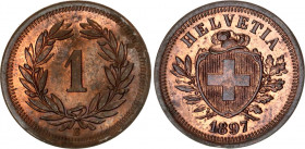 Switzerland 1 Rappen 1897 B
KM# 3.1; Schön# 15; N# 161; Bronze; Mint: Bern; UNC Toned