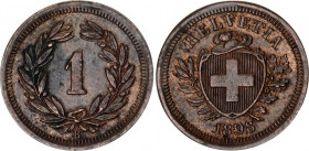 Switzerland 1 Rappen 1898 B
KM# 3.1; Schön# 15; N# 161; Bronze; Mint: Bern; AUNC Toned