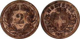 Switzerland 2 Rappen 1851 A
KM# 4.1; Schön# 16; N# 164; Bronze; Mint: Paris; XF-AUNC Toned