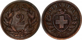 Switzerland 2 Rappen 1870 B
KM# 4.1; Schön# 16; N# 164; Bronze; Mint: Bern; XF-AUNC Toned