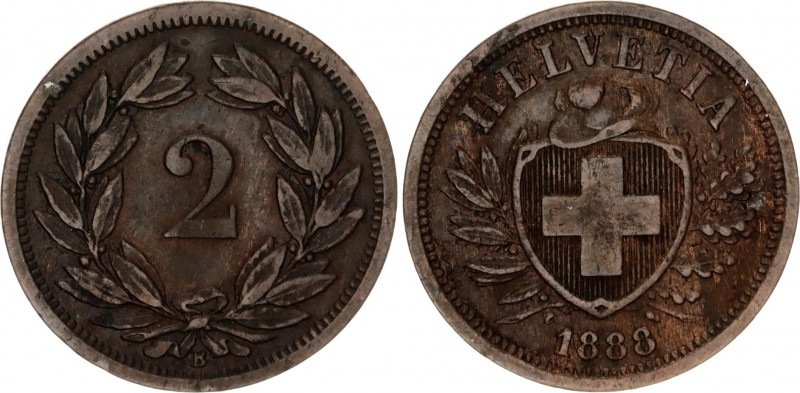 Switzerland 2 Rappen 1888 B
KM# 4.1; Schön# 16; N# 164; Bronze; Mint: Bern; XF-...