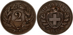 Switzerland 2 Rappen 1897 B
KM# 4.2; Schön# 16; N# 164; Bronze; Mint: Bern; AUNC- Toned