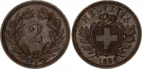 Switzerland 2 Rappen 1898 B
KM# 4.2; Schön# 16; N# 164; Bronze; Mint: Bern; UNC Toned
