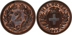 Switzerland 2 Rappen 1899 B
KM# 4.2; Schön# 16; N# 164; Bronze; Mint: Bern; UNC Toned