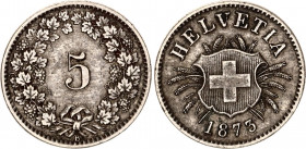 Switzerland 5 Rappen 1873 B
KM# 5; Schön# 17; N# 167; Billon; Mint: Bern; XF Toned