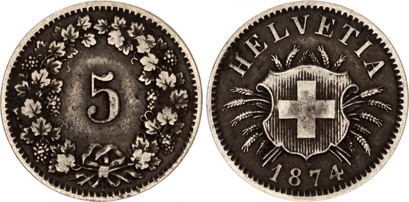 Switzerland 5 Rappen 1874 B
KM# 5; Bilon; VF/XF
