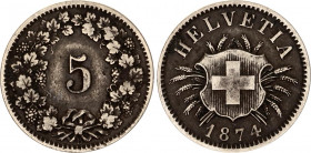 Switzerland 5 Rappen 1874 B
KM# 5; Bilon; VF/XF